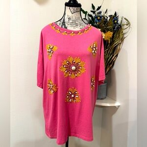 Focus Coral Pink Cotton Beaded Top - One Size, Stunning Stones Made in USA